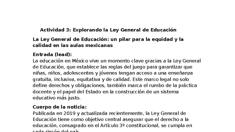 Actividad 3: Ley General de Educación y su Impacto en México - Studocu