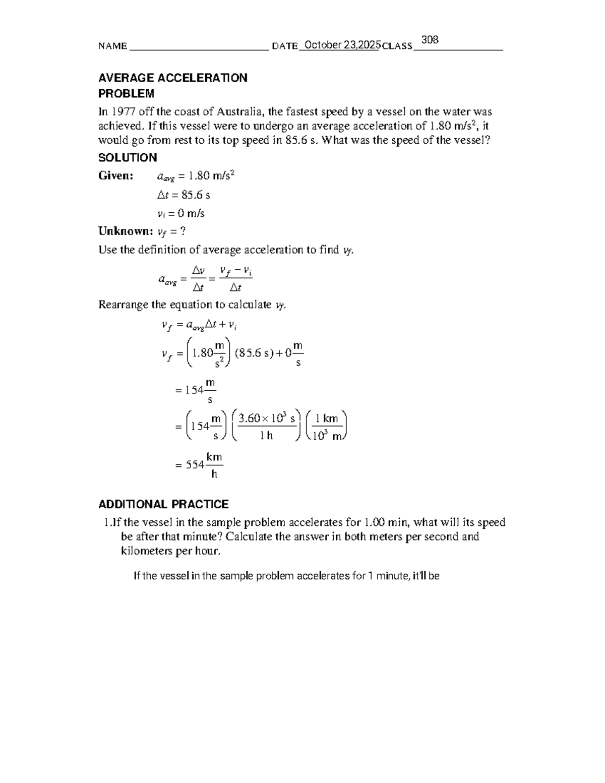 Marcus Morris 308: Average Acceleration Problem Solutions - Studocu