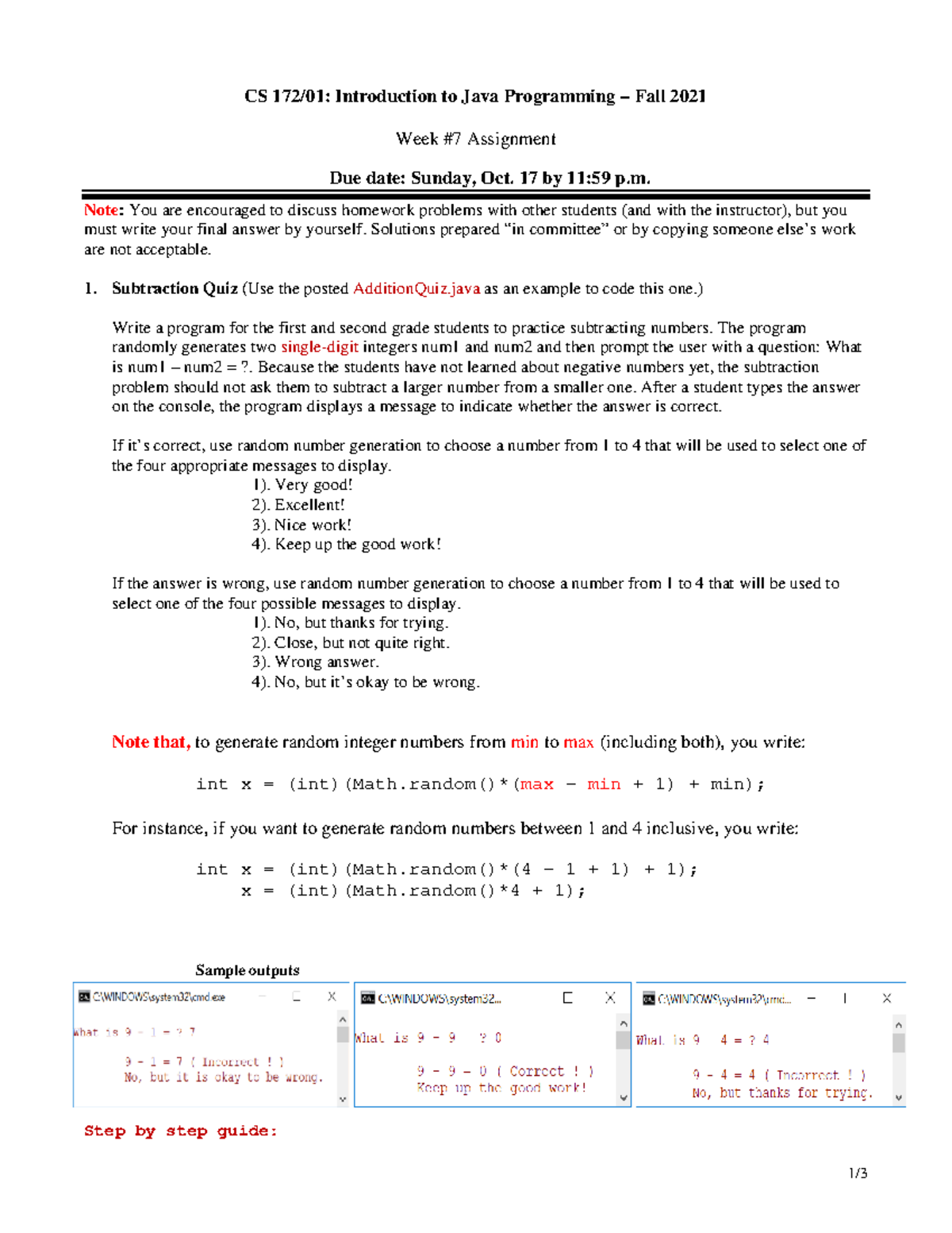 CS 172/01 Week 7 Assignment: Java Subtraction Quiz & US Population ...