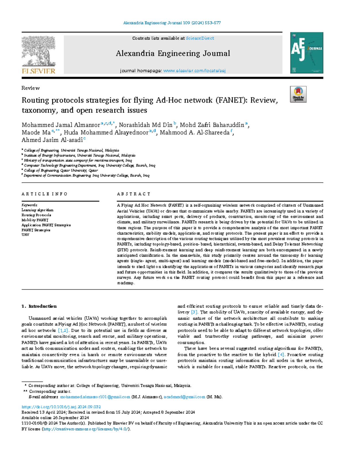 Review of Routing Protocols for Flying Ad Hoc Networks (FANET) - A ...