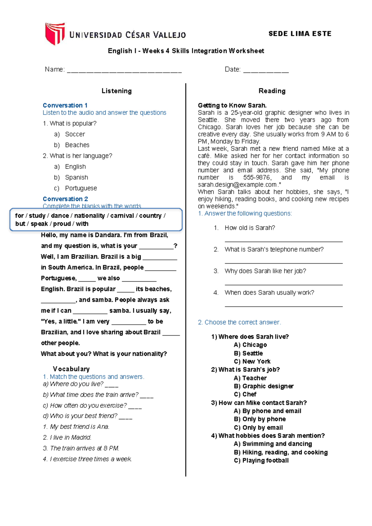 English I - Week 4 Skills Integration Worksheet - Studocu