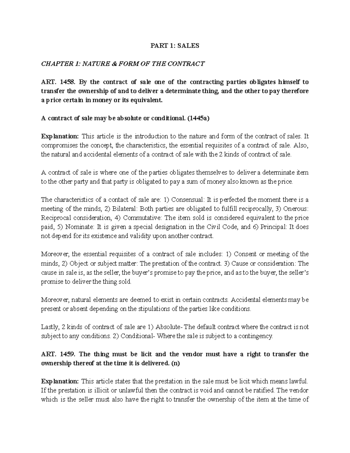 BUS LAW & REG: Sales Contract Nature and Form (Art. 1458-1479) - Studocu