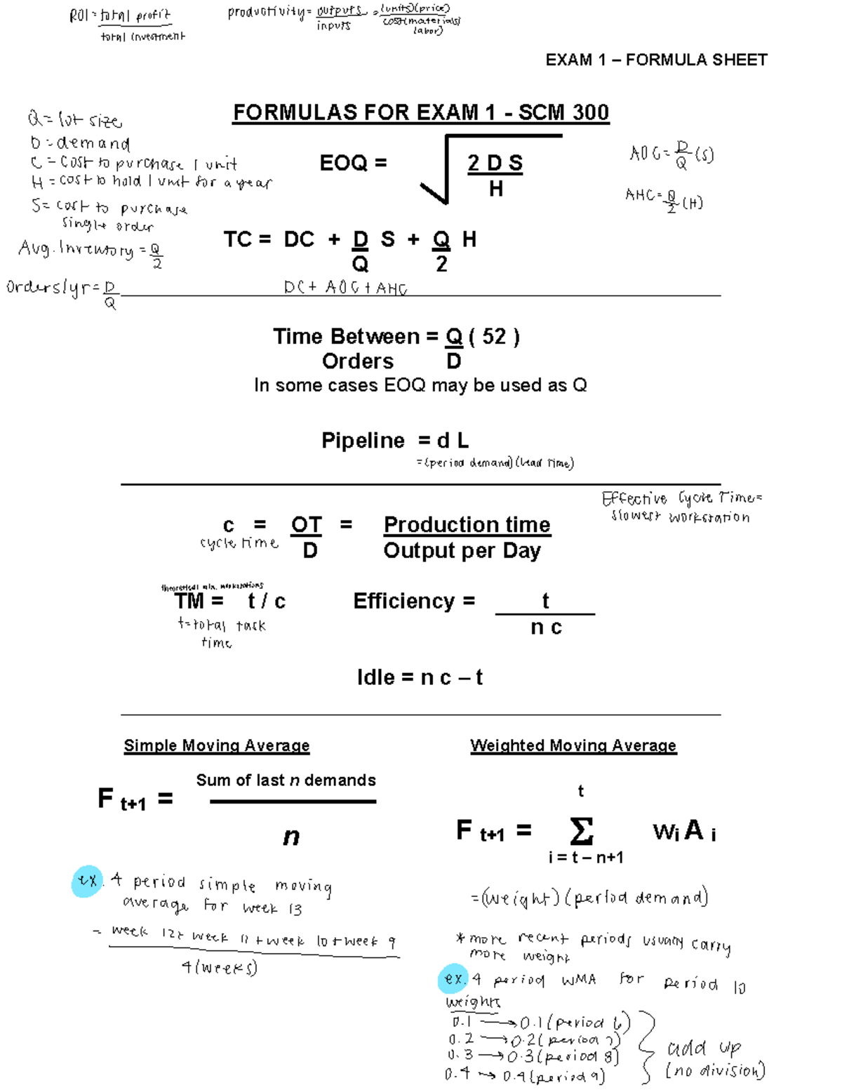 SCM 300 Exam 1 Formula Sheet: Essential Equations and Concepts - Studocu