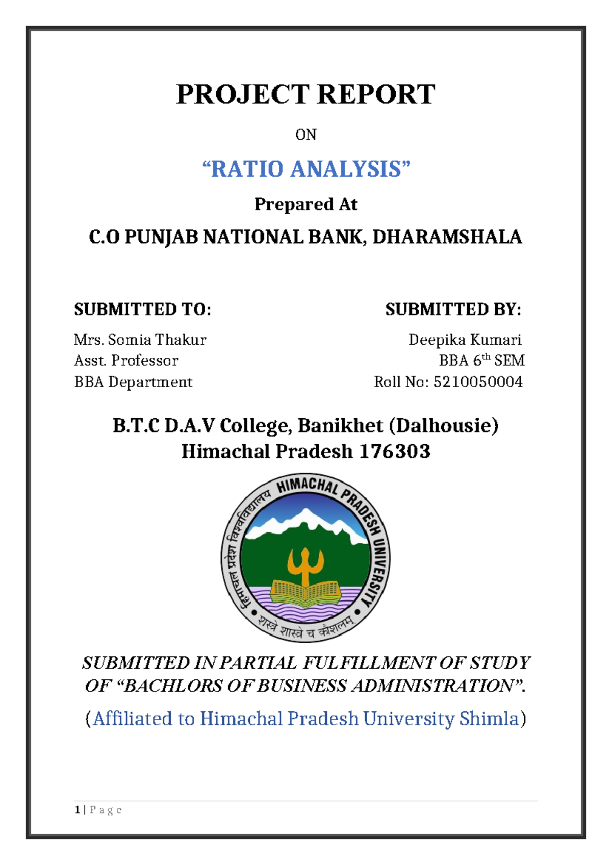Final Project Report on Ratio Analysis in PNB - BBA 6th SEM - Studocu