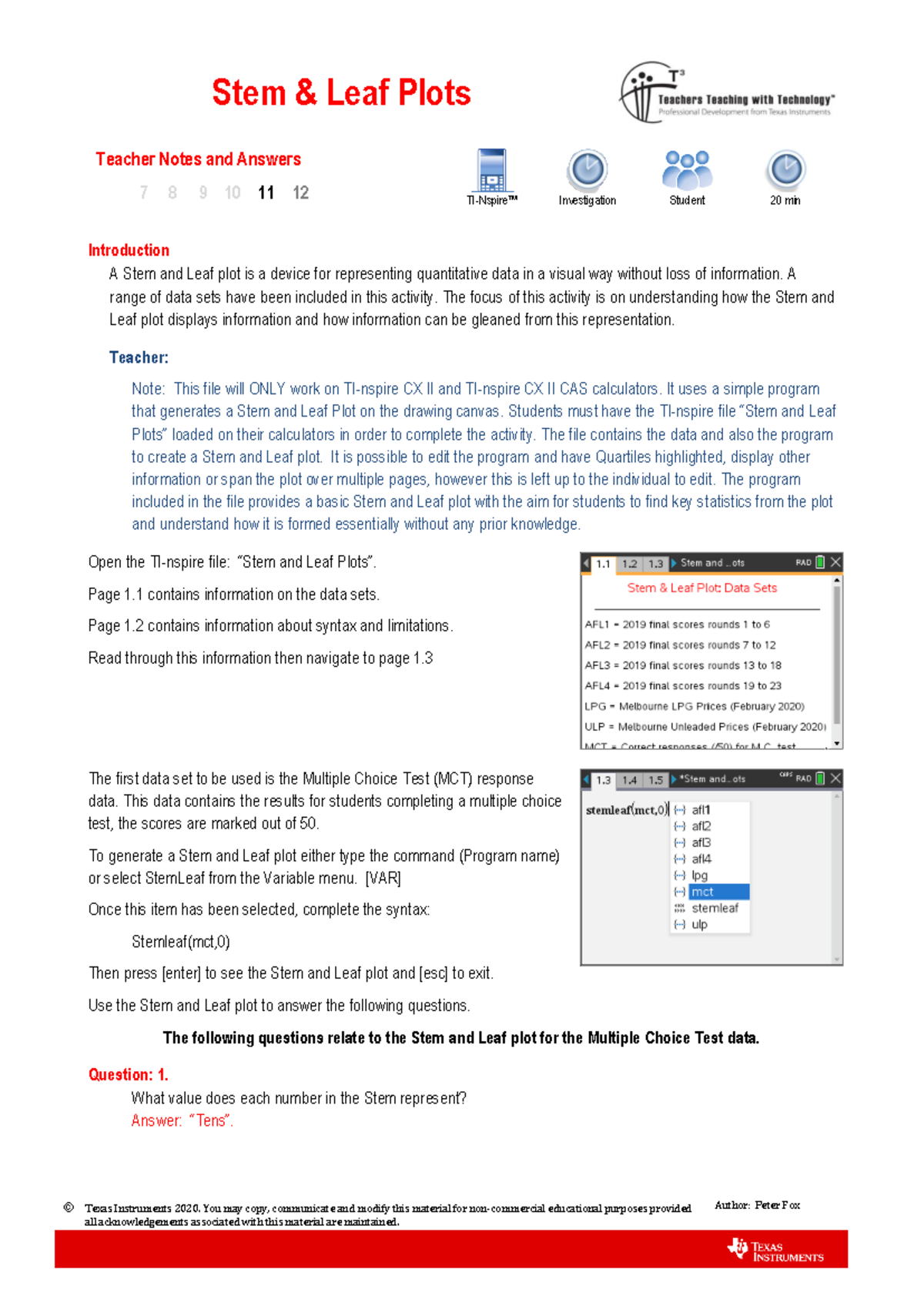 Stem and Leaf Plots Teacher Notes & Answers for TI-Nspire - Studocu