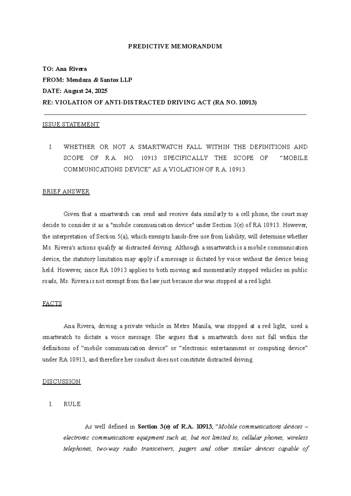 Predictive Memo on Smartwatch Use Under RA 10913 - Studocu