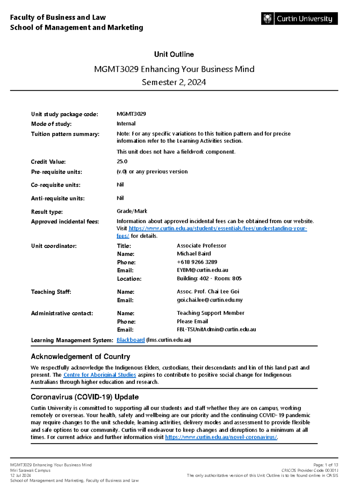 MGMT3029 Unit Outline: Enhancing Your Business Mind - Semester 2, 2024