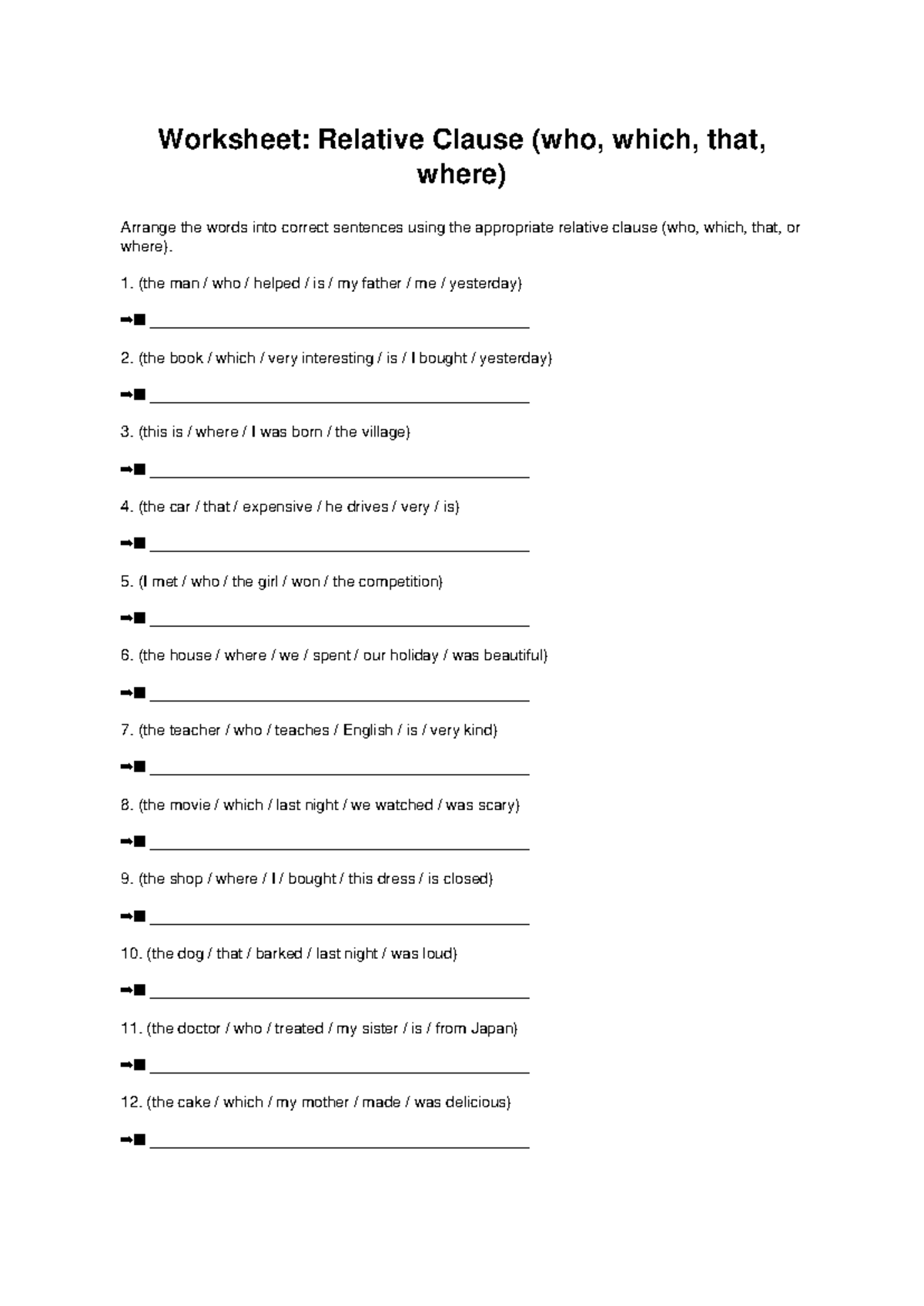 Soal Relative Clause: Who, Which, That, Where - Worksheet - Studocu