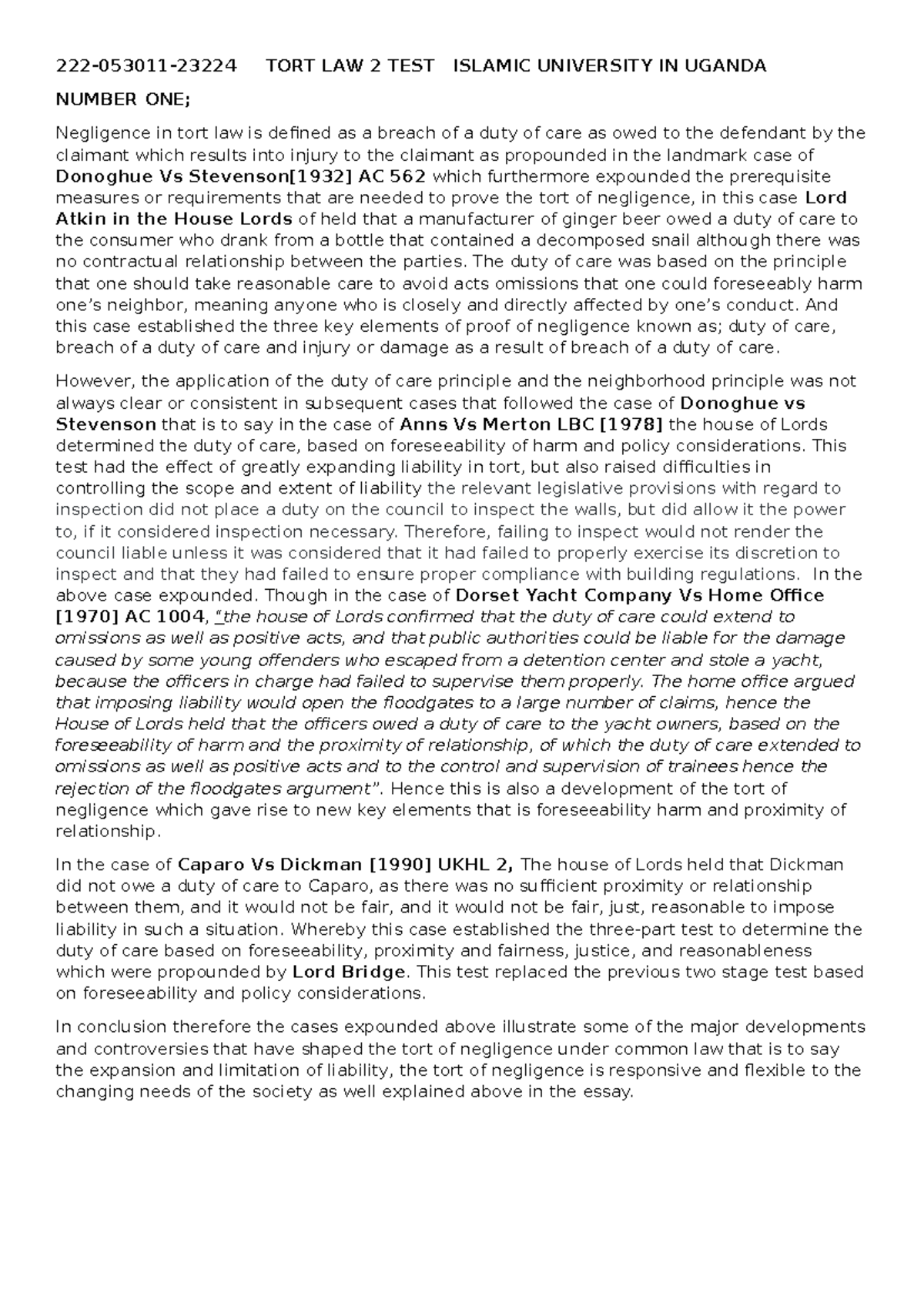 Final Exam Notes: 1034 Tort Law - Negligence and Duty of Care - Studocu