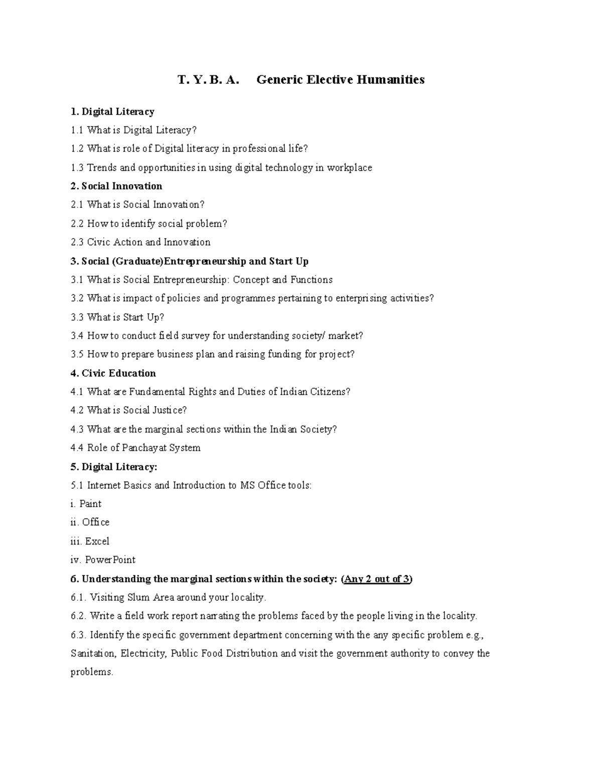 TYBA Generic Elective Humanities Syllabus Overview and Topics - Studocu