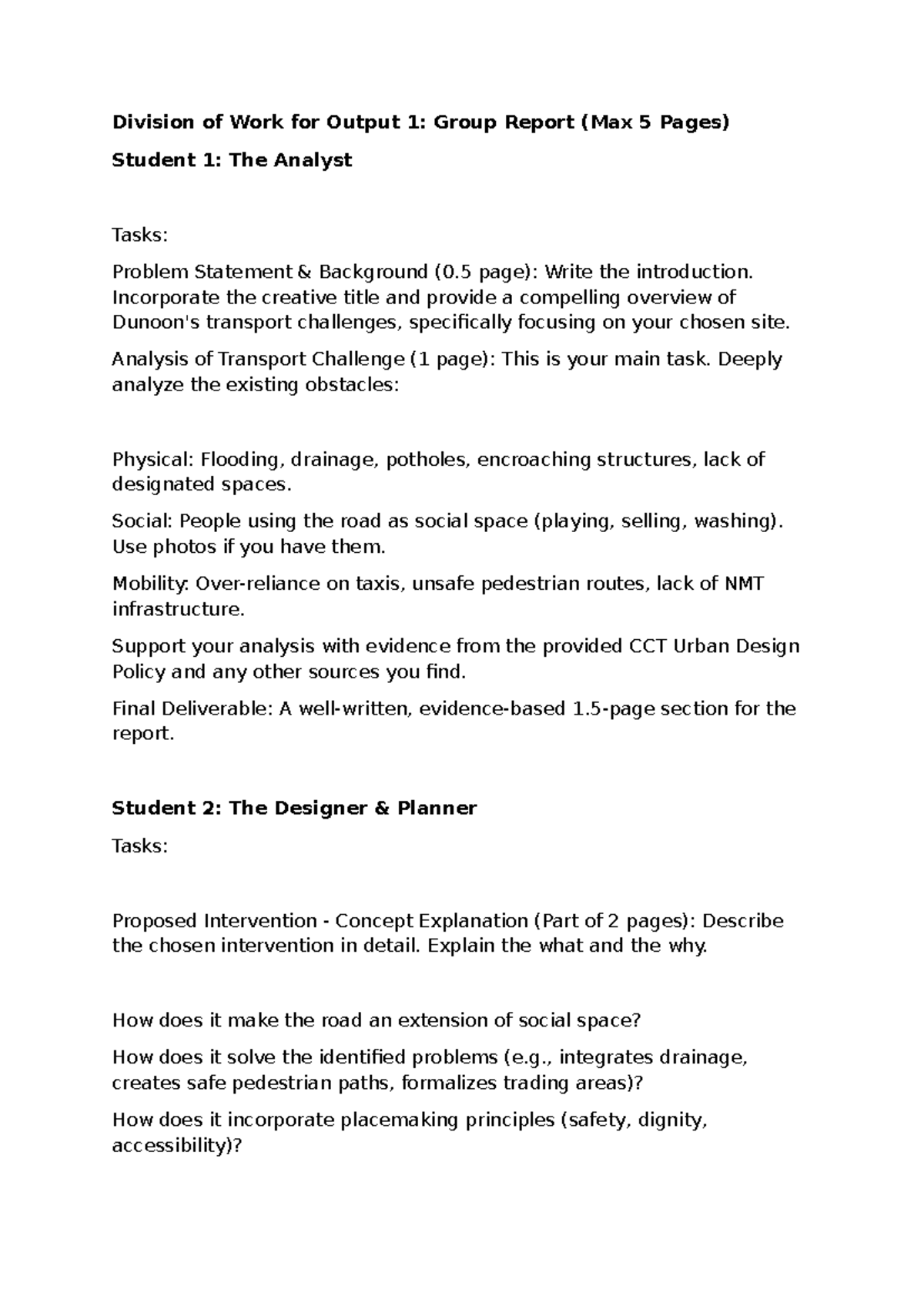 Division of Work for Assignment 2: Group Report on Transport Challenges ...