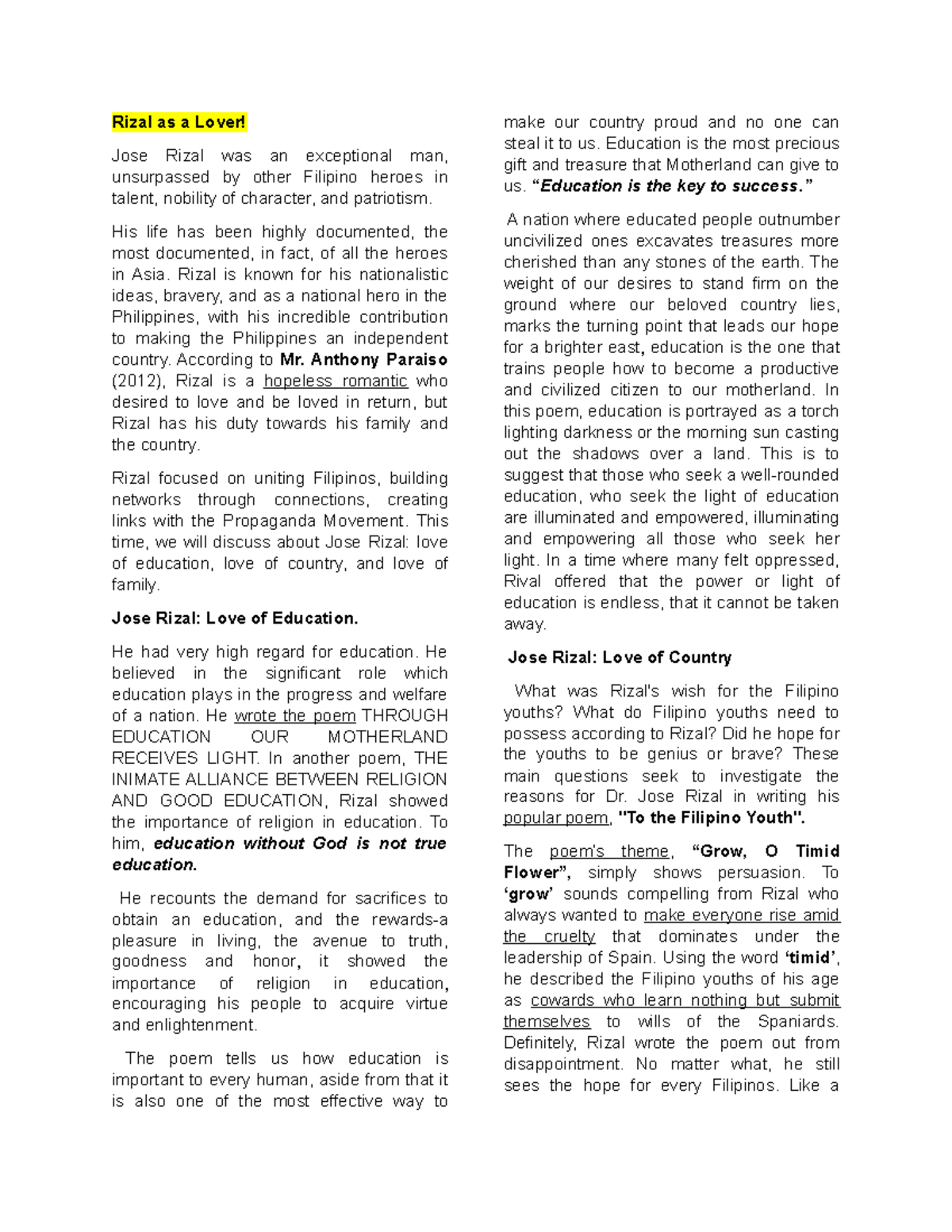 Life and Works of Rizal Lecture Notes - Rizal as a Lover - Rizal as a ...