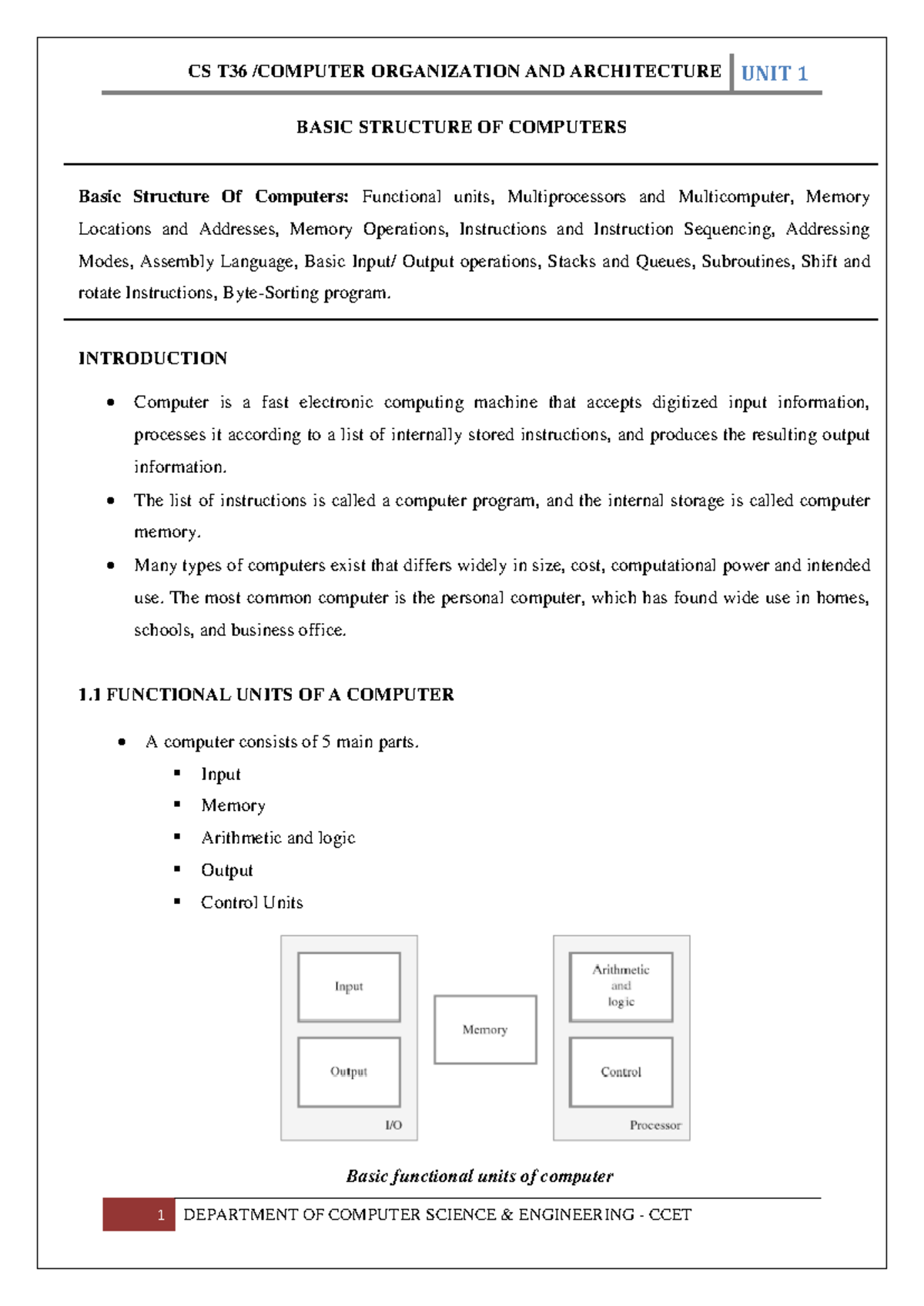 COA UNIT 1 - Basic Structure of Computers Overview - Studocu