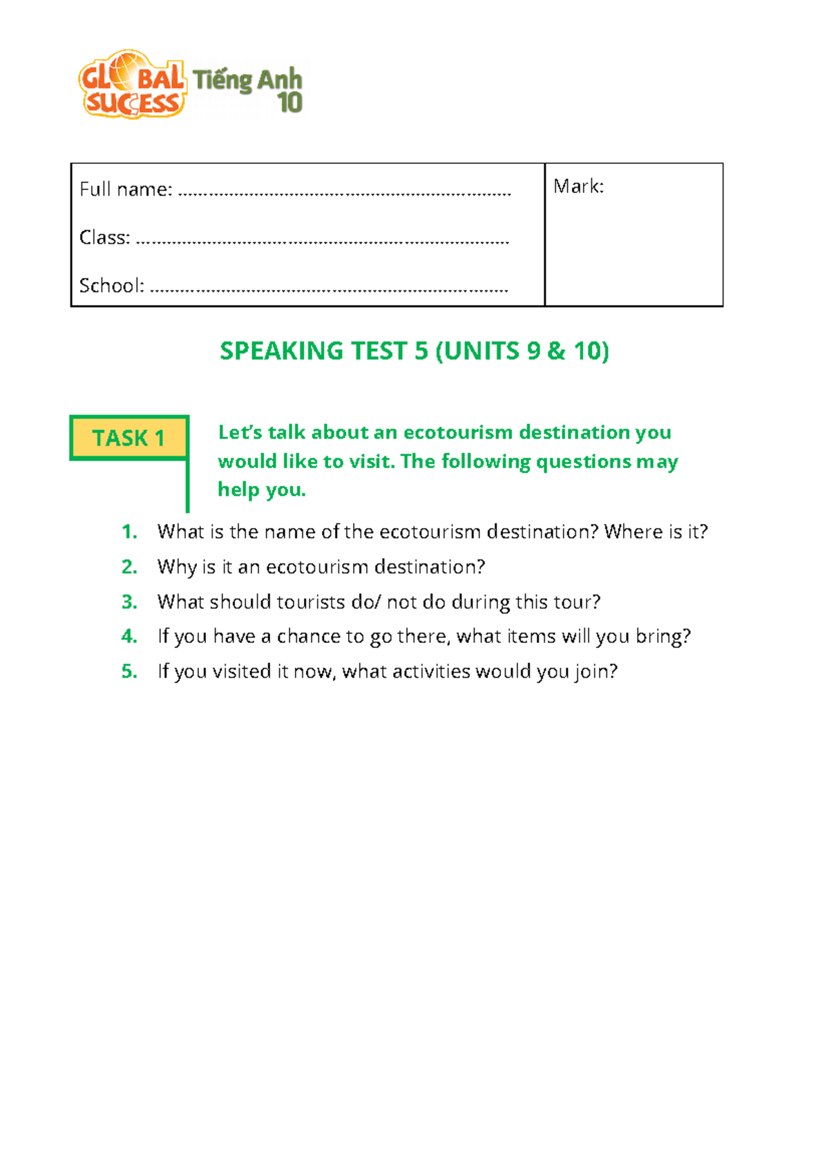Speaking Test 5 - Ecotourism & Environmental Issues for Tiếng Anh 10 ...
