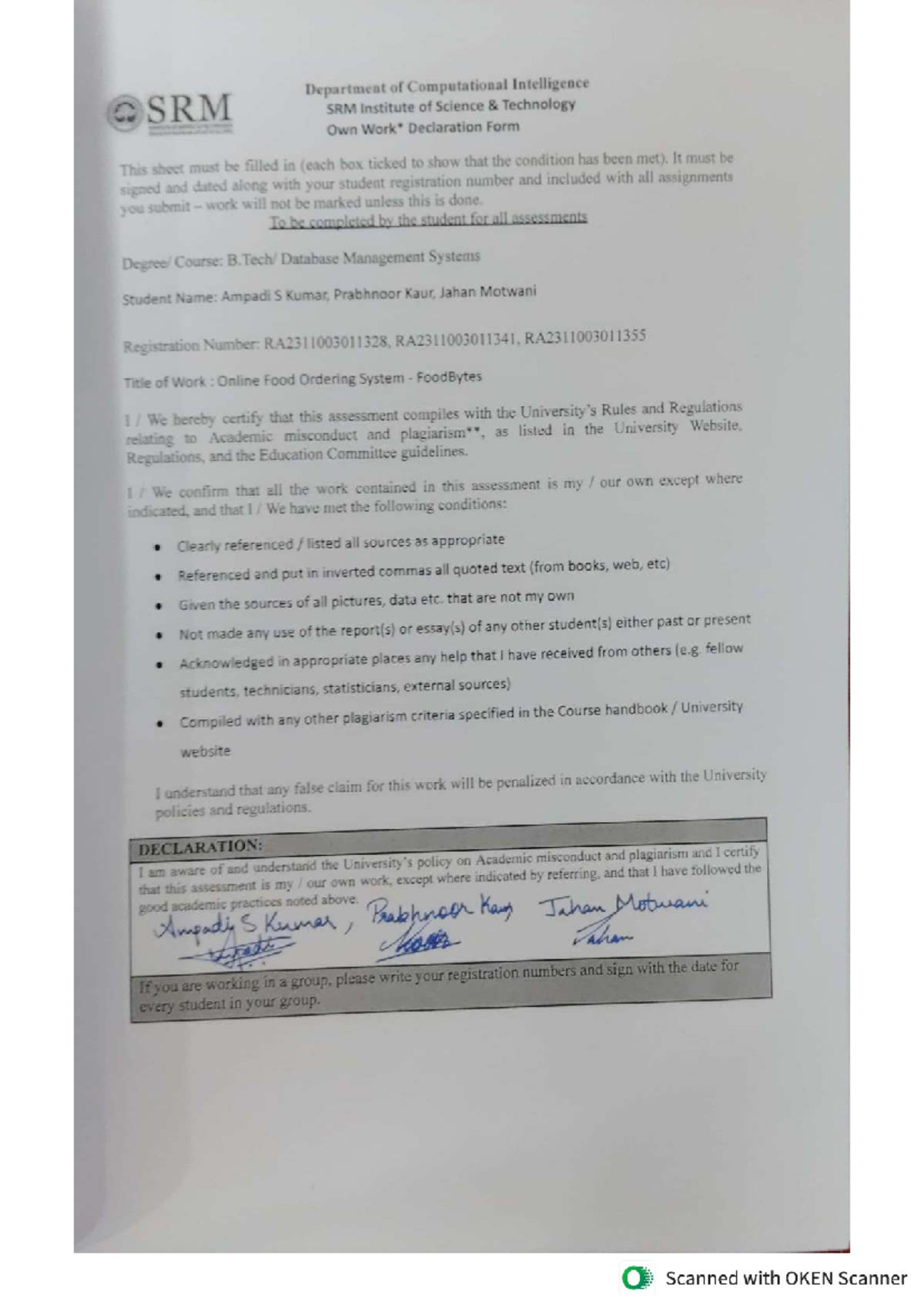 DBMS2 - Online Food Ordering System Declaration Form - Studocu