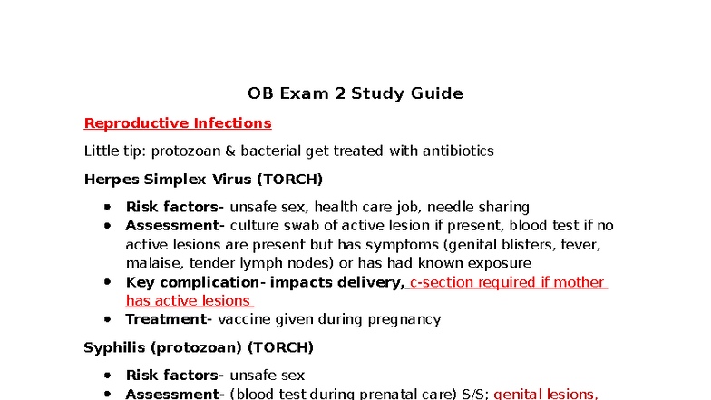 OB 2nd Exam Study Guide: Reproductive Infections & Labor Insights - Studocu