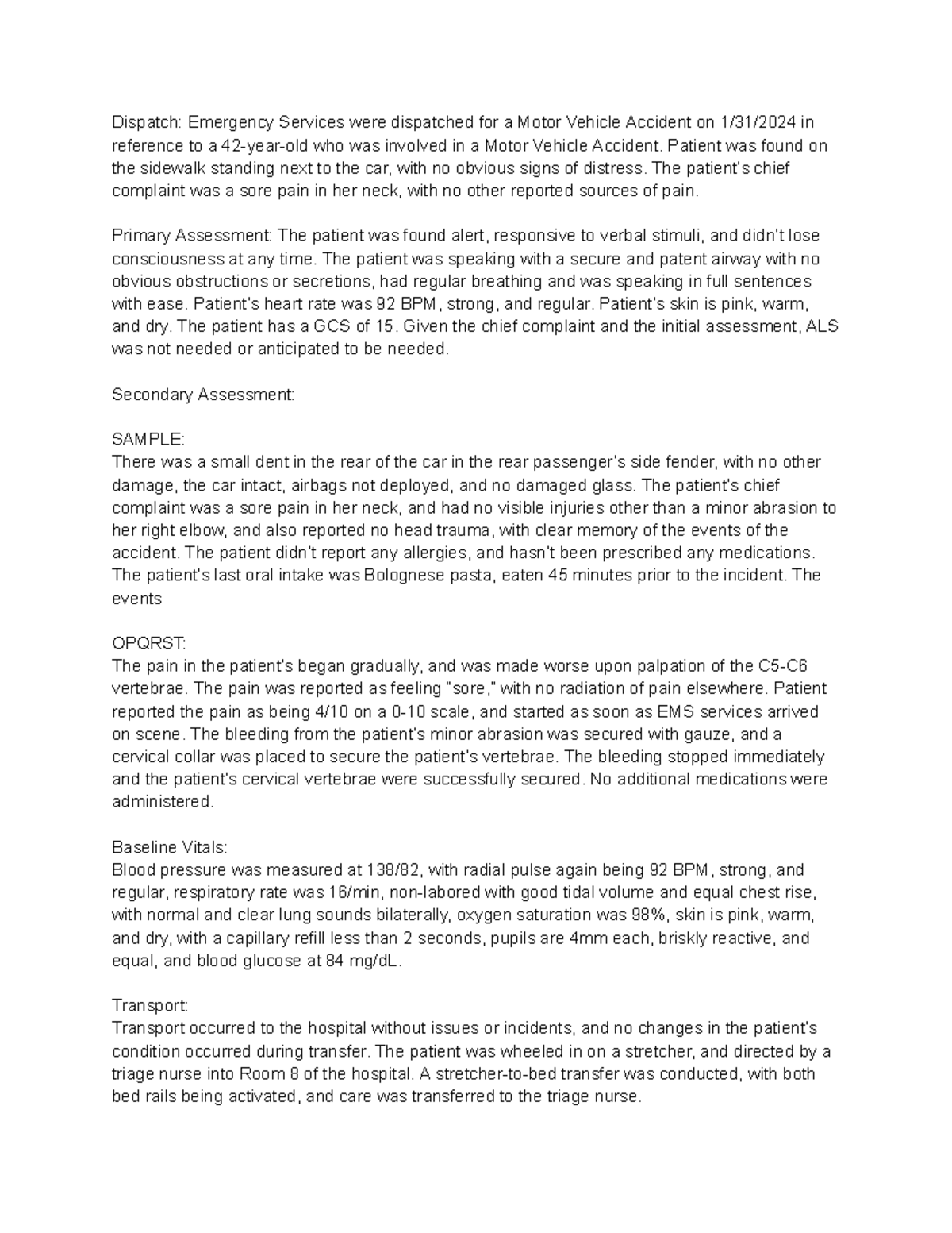 EMT Narrative for MVA Incident Patient Assessment Transport Details