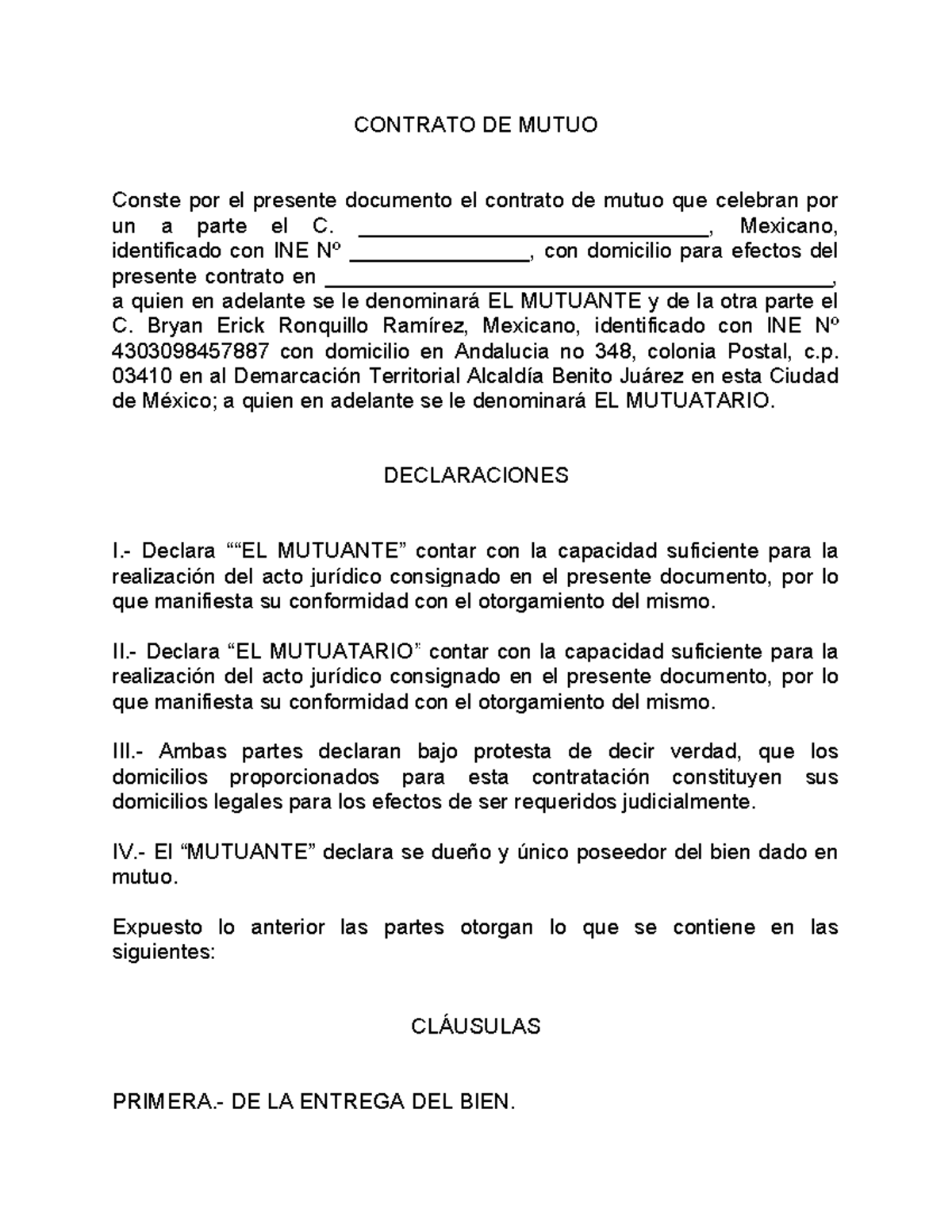 Contrato Mutuo - CONTRATO DE MUTUO Conste por el presente documento el ...