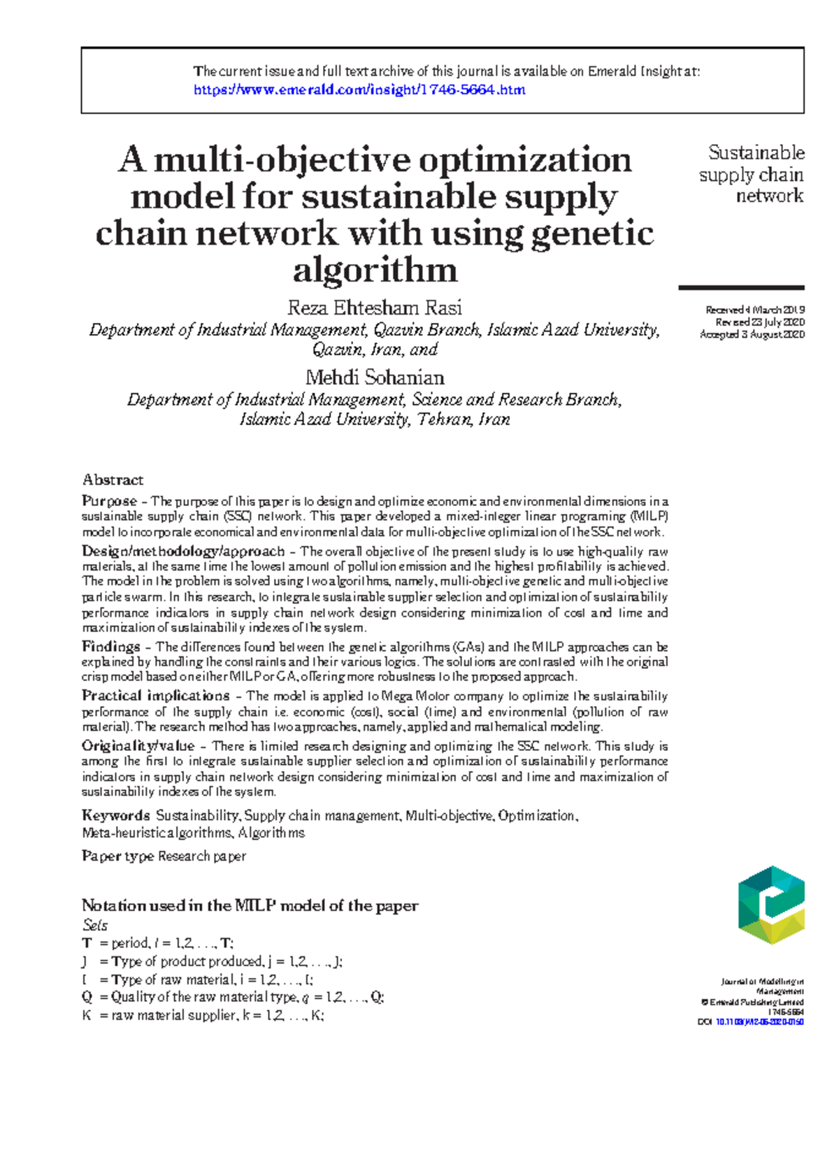 Multi-Objective Optimization Model for Sustainable Supply Chain ...