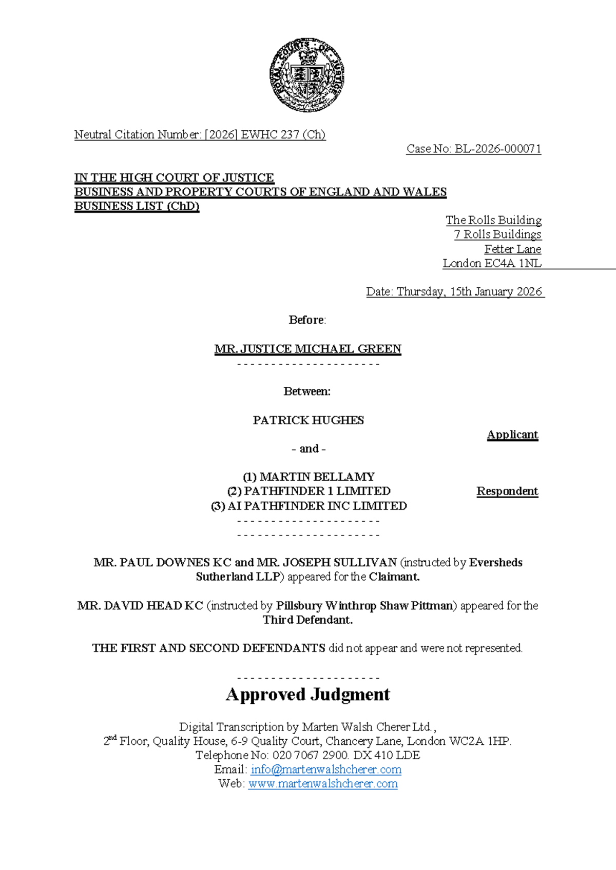 Hughes v Bellamy 2026 EWHC 237 (Ch) - Approved Judgment Summary - Studocu