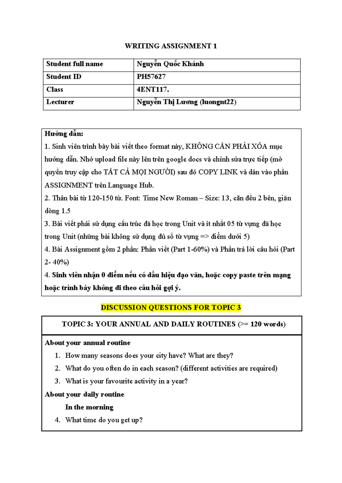 4ENT117 Writing Assignment 1: Daily and Annual Routines Discussion ...