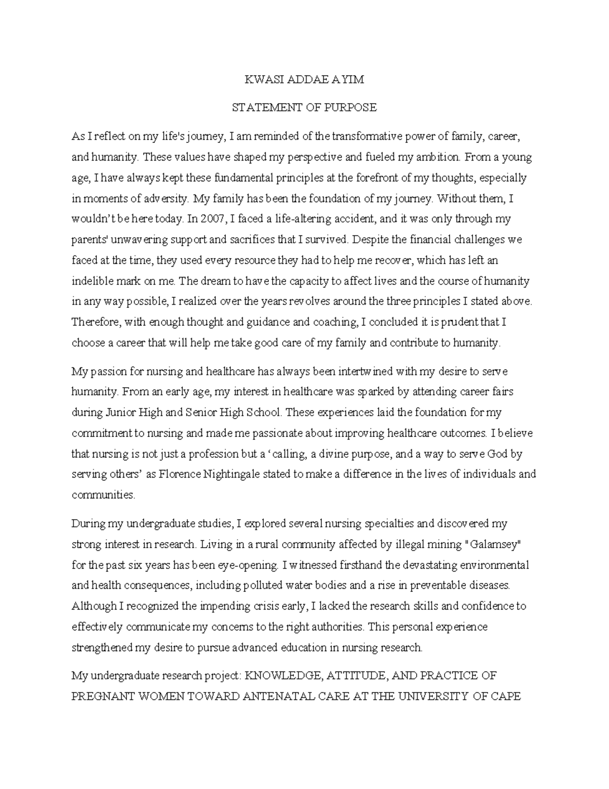 ST Thomas - Nursing Statement of Purpose and Career Goals - Studocu