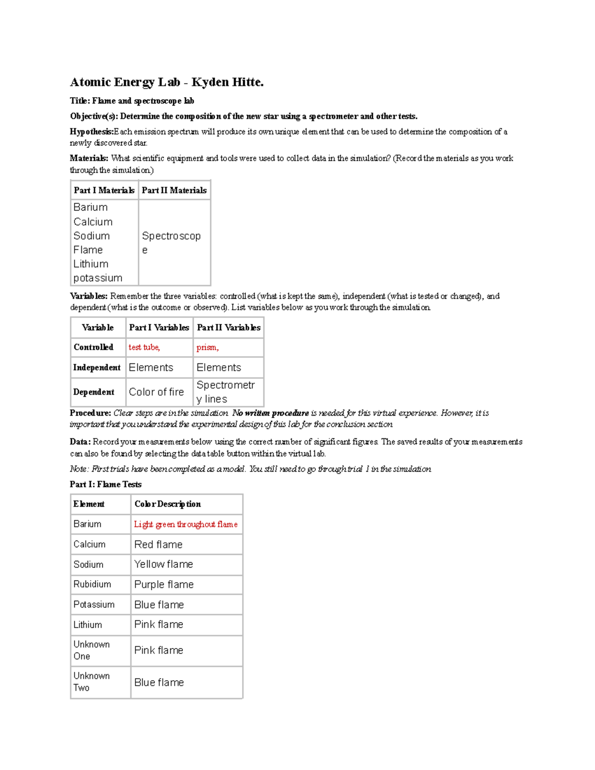 Atomic lab - notes - Atomic Energy Lab - Kyden Hitte. Title: Flame and ...
