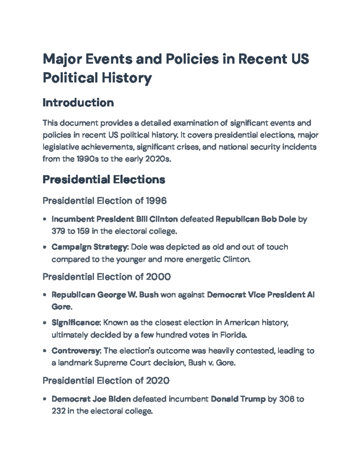 Major Events and Policies in Recent US Political History (HIST 101 ...