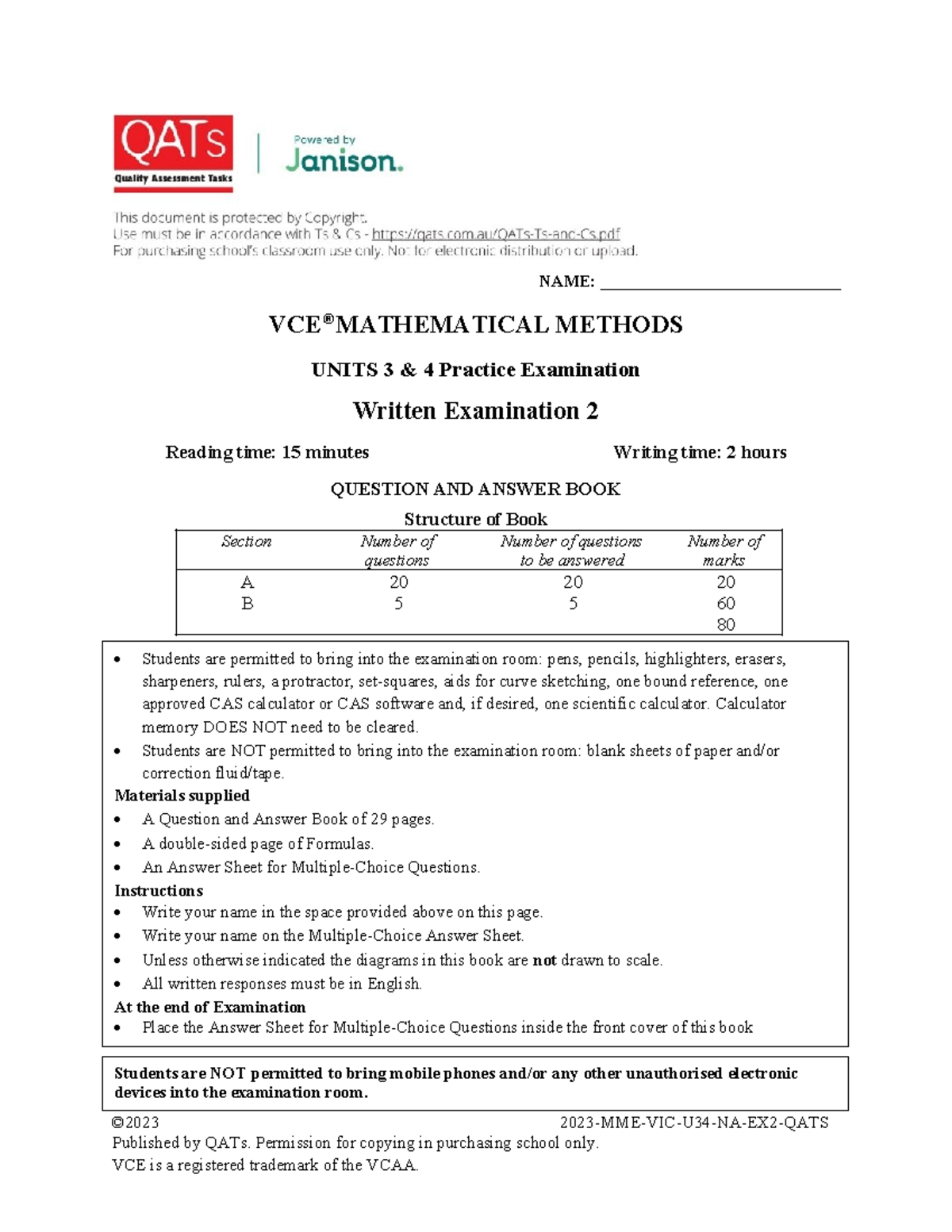 VCE Mathematical Methods Practice Exam 2, Units 3 & 4 - Studocu