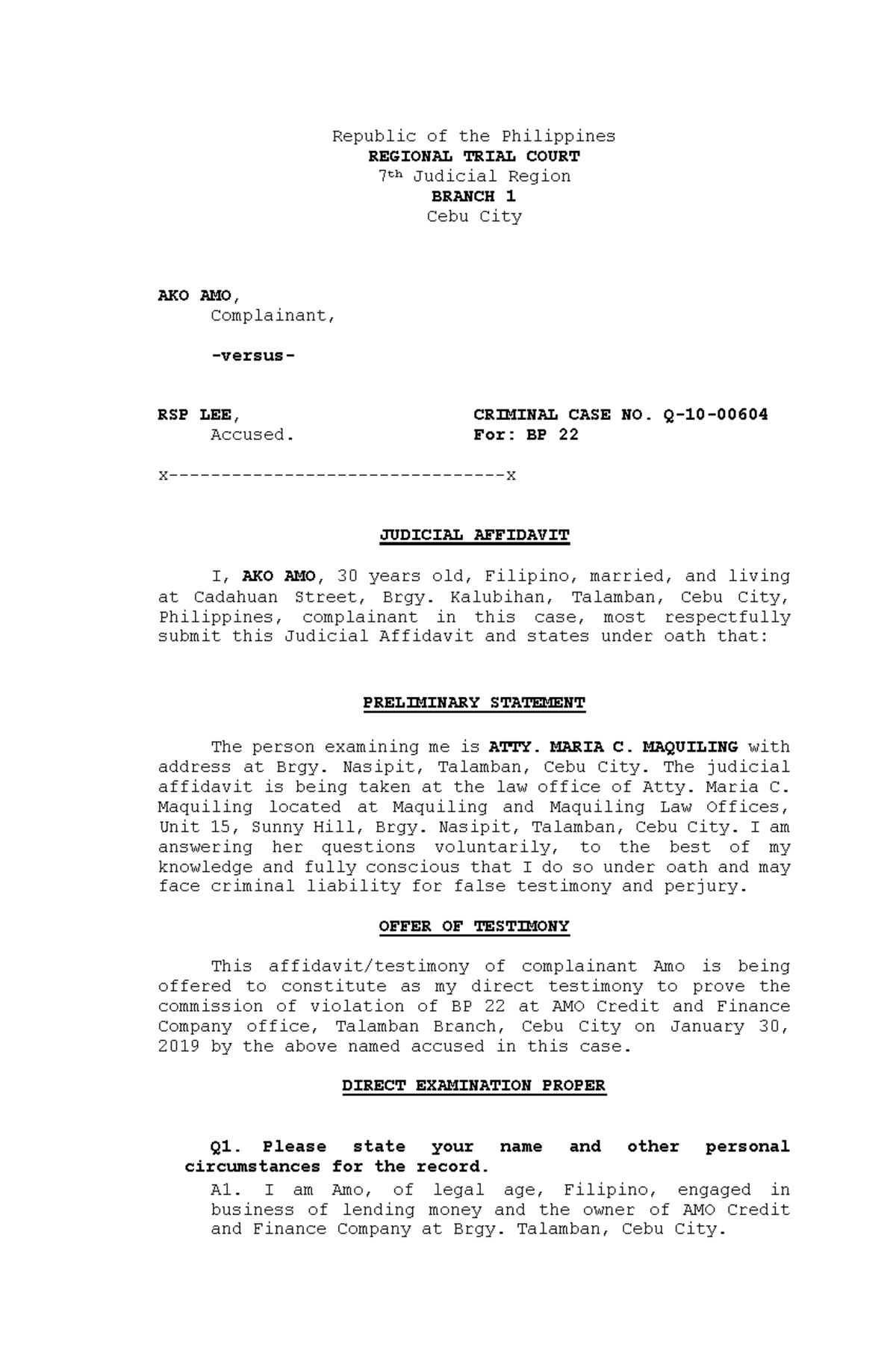 LEGAL WRITING - BP22 - Republic of the Philippines REGIONAL TRIAL COURT ...