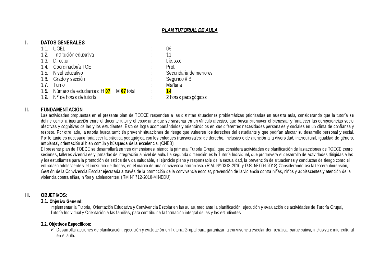 PLAN TUTORIAL DE AULA II - 2DO GRADO 2024 - Studocu
