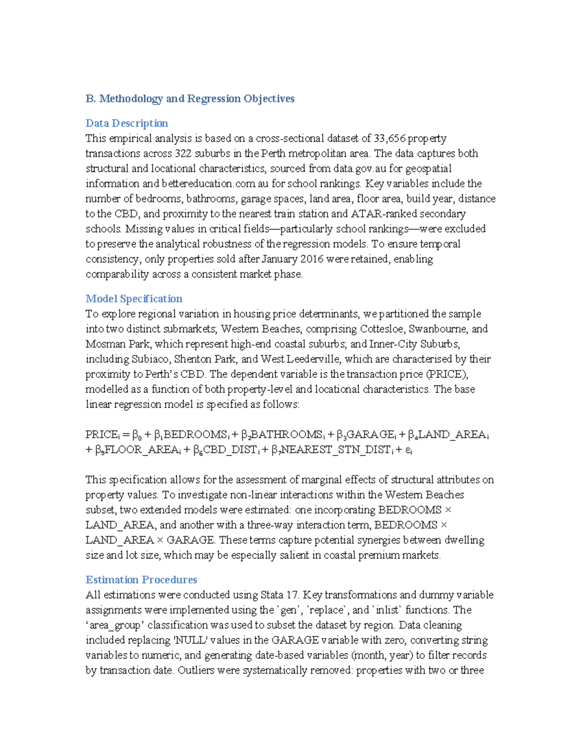 EFB 222 Assignment: Methodology and Regression Analysis of Perth ...