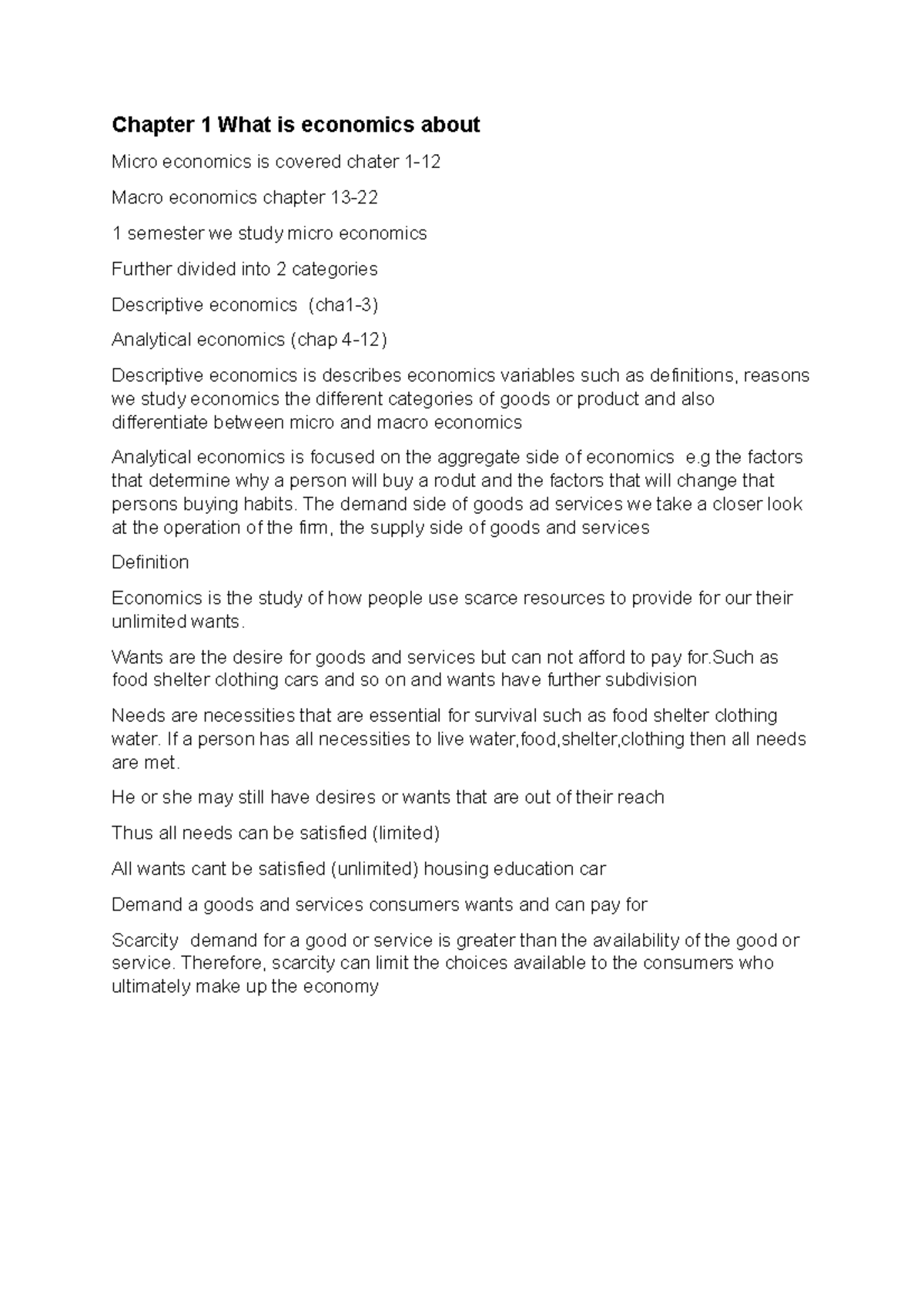 Eco notes - Chapter 1 What is economics about Micro economics is ...