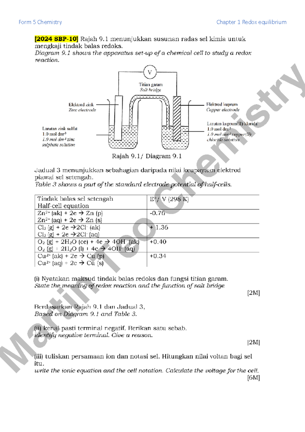 Form 5 Chemistry: Chapter 1 - Redox Equilibrium Notes - Studocu