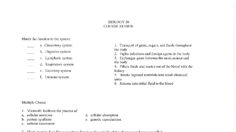 Biology 20 Final Exam Review Notes: Systems, Enzymes, and Processes ...