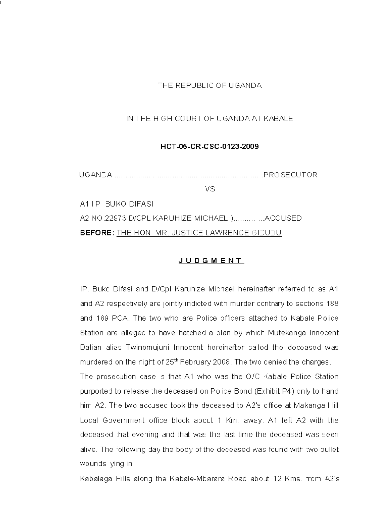 Uganda v Buko & Karuhize: High Court Murder Judgment (HCT05CRCSC ...