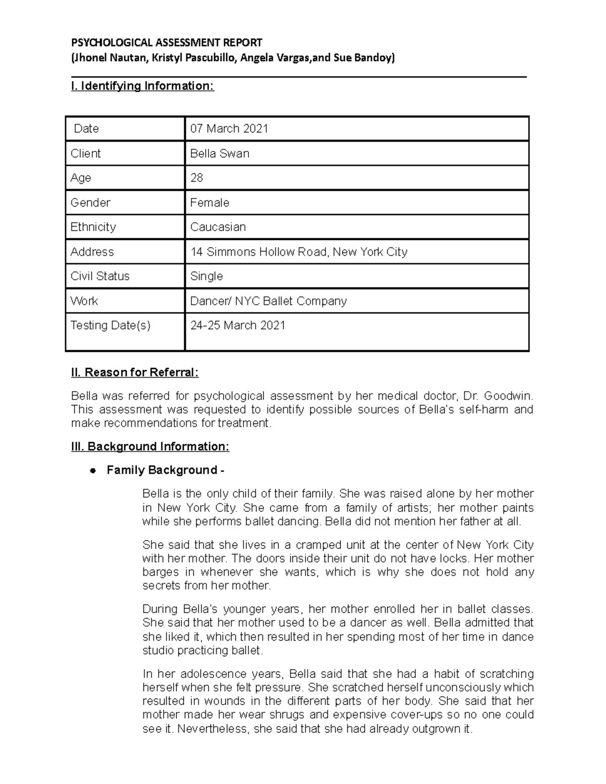 Draft Psychological Assessment Report for Bella Swan - Studocu