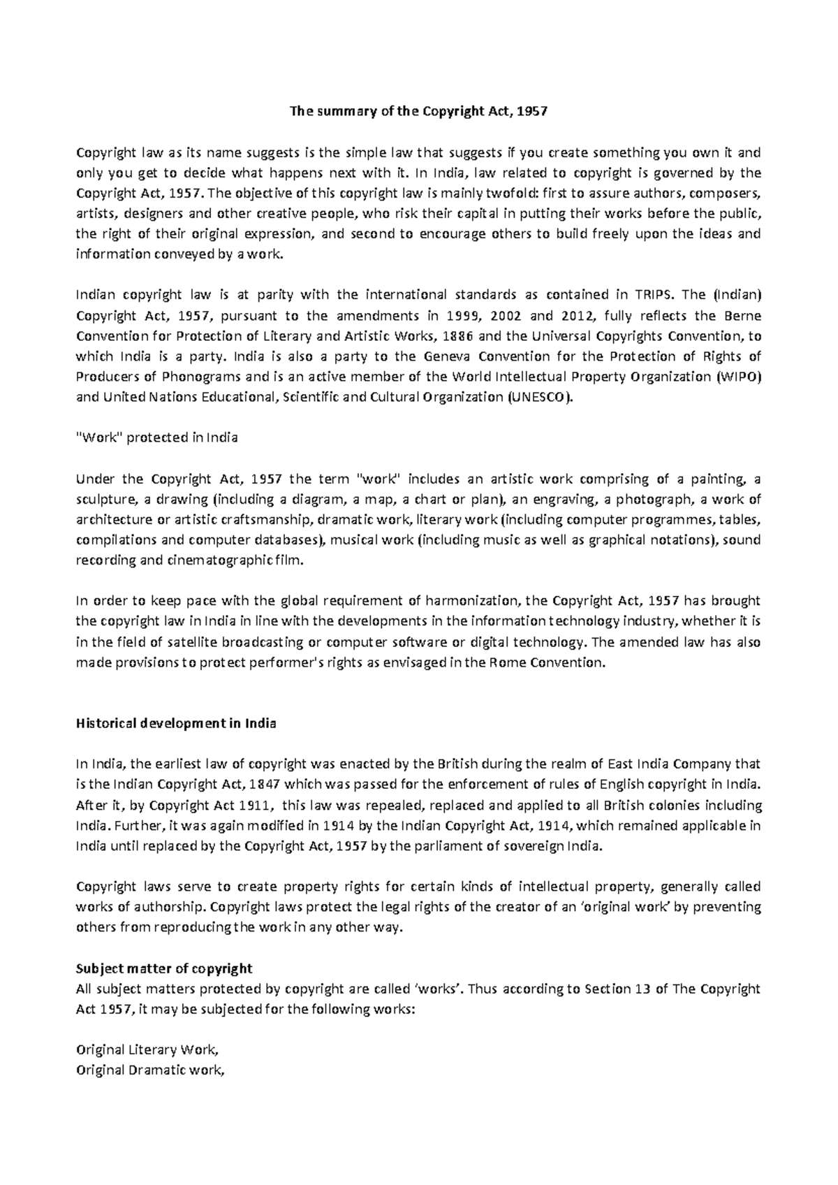 Copyright Act, 1957: Comprehensive Study Notes on Legal Framework - Studocu