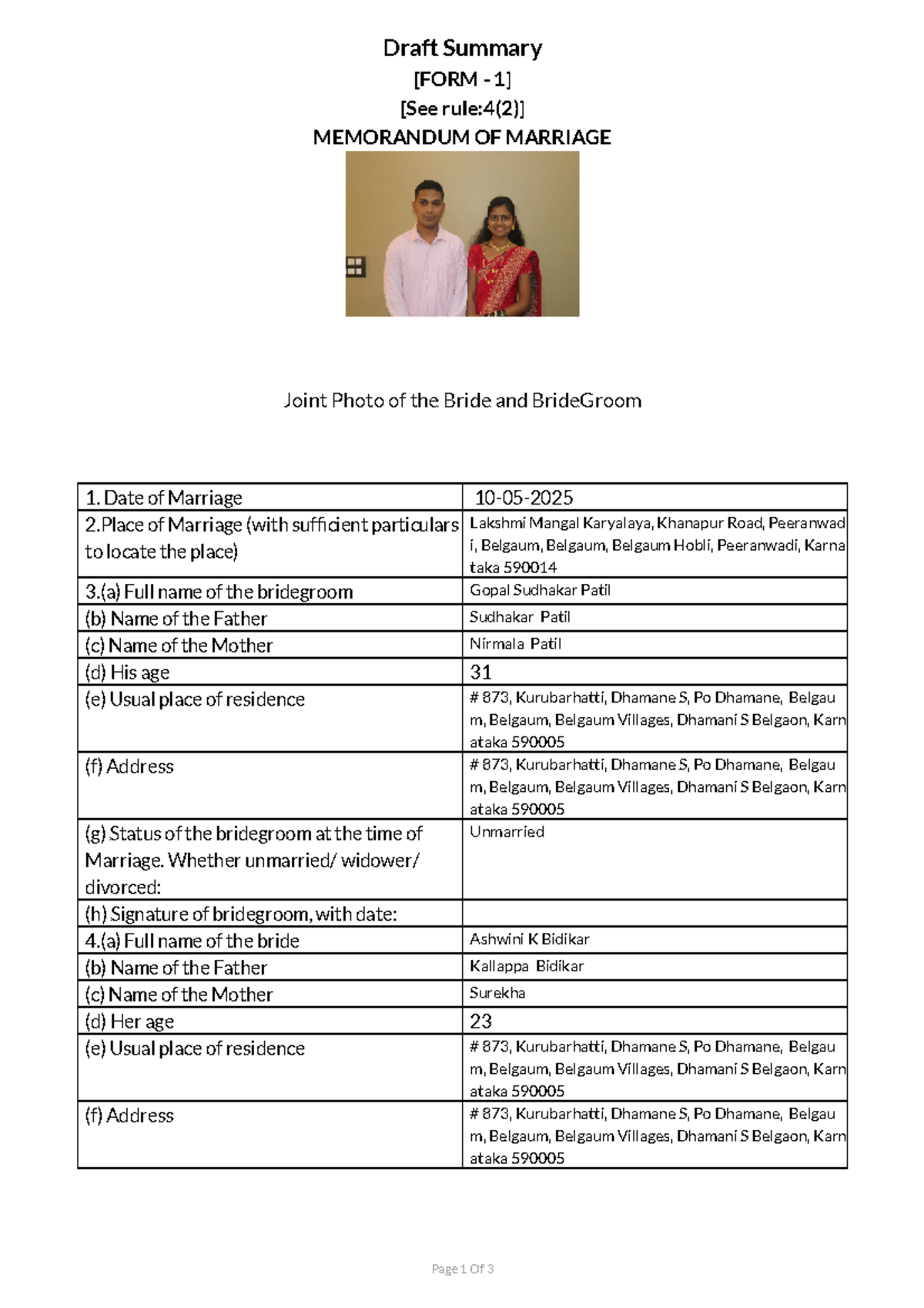 Draft Summary of Marriage Memorandum - Gopal & Ashwini - Studocu