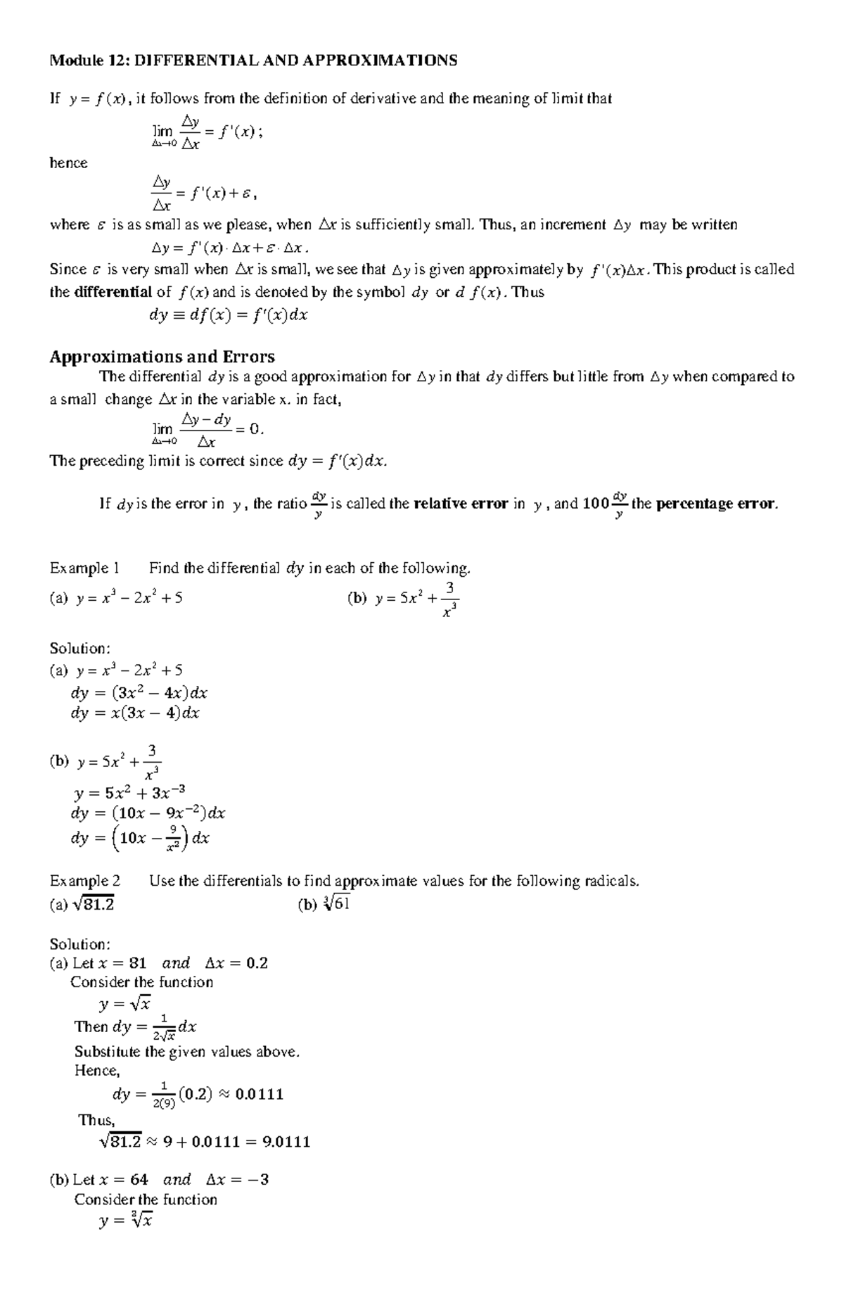 Acquire Module 12 Differentials and Approximations - Module 12 ...