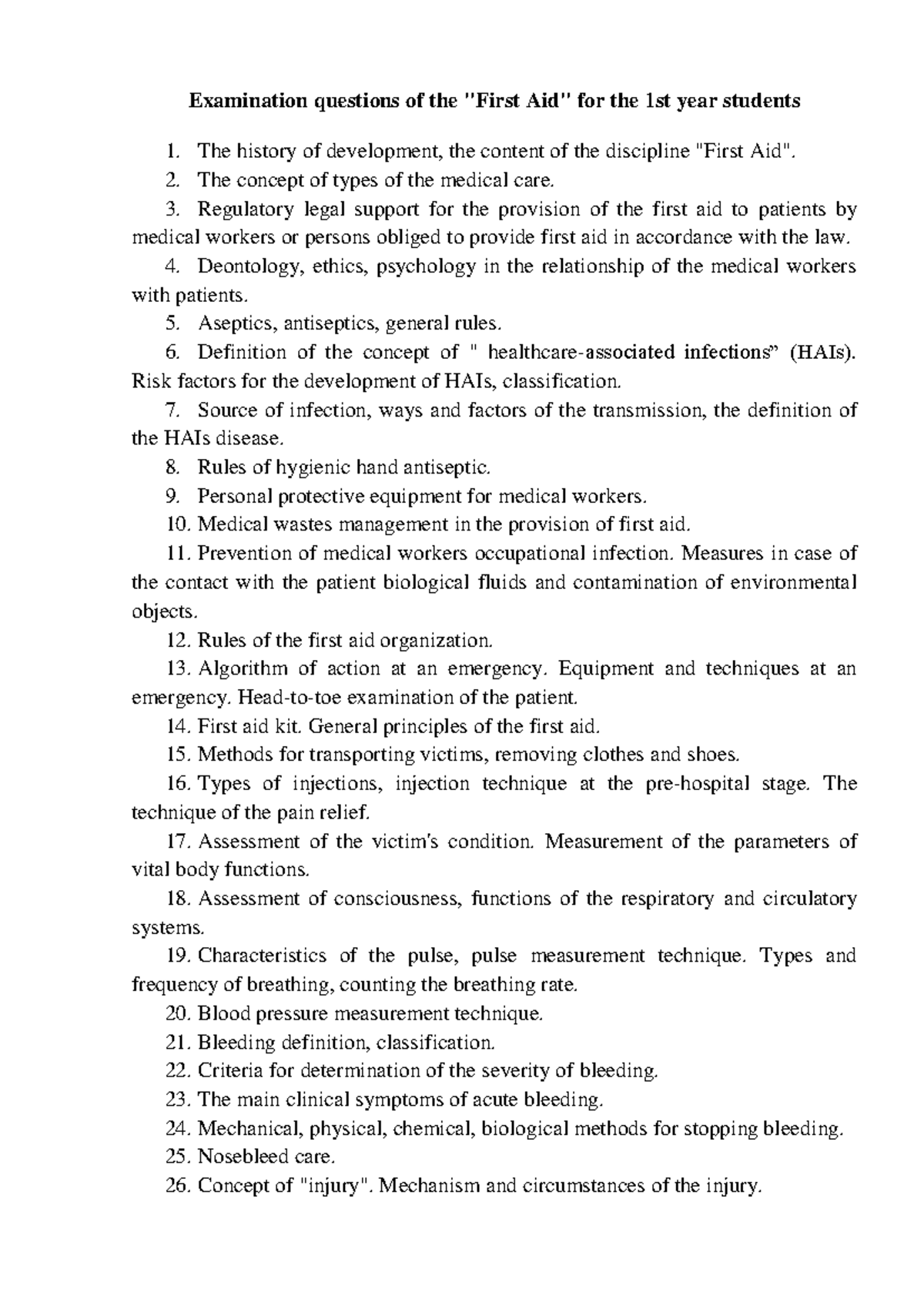 Examination Questions for 1st Year Medical Students: First Aid & Care ...
