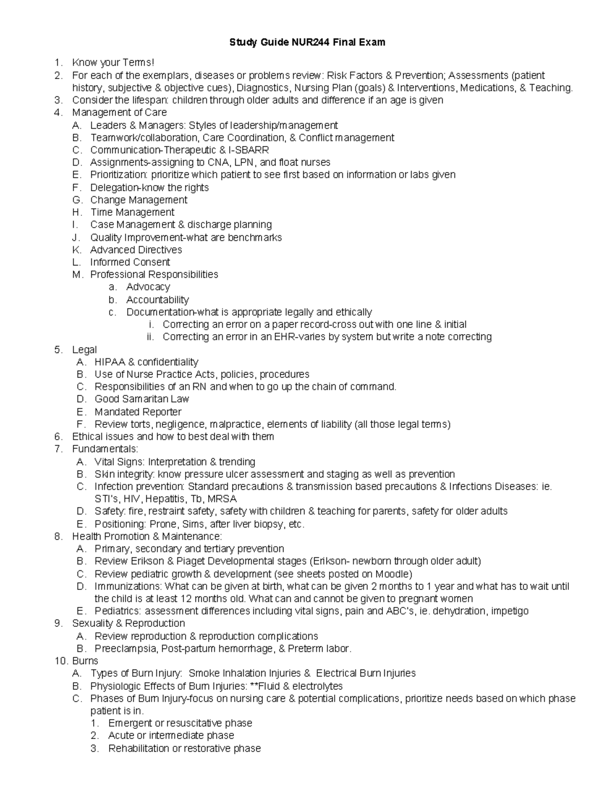 NUR244 Final Exam Study Guide: Key Concepts and Nursing Care - Studocu
