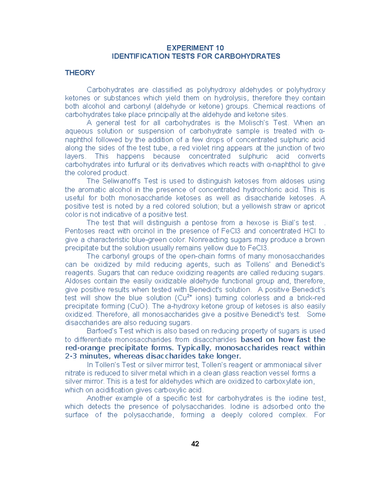 Expt 10 tests for carbohydrates edited - EXPERIMENT 10 IDENTIFICATION ...