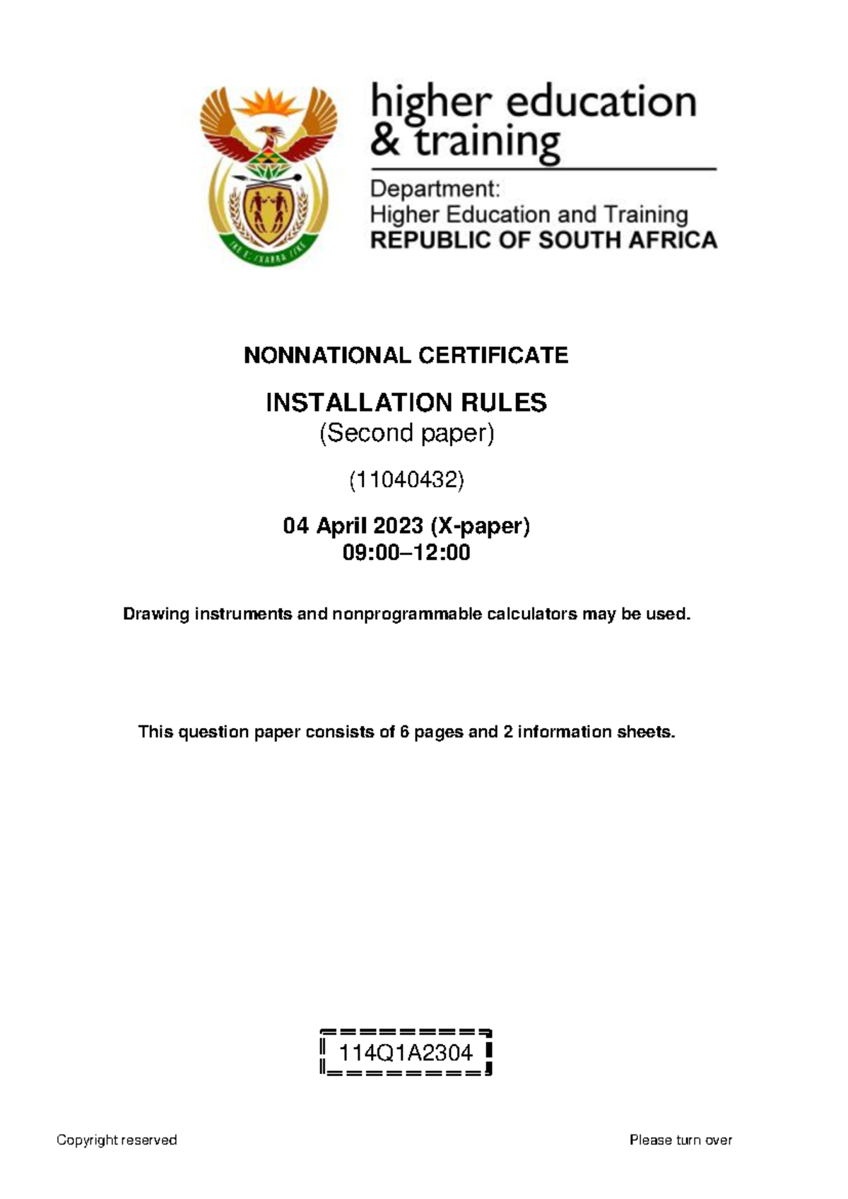 T890 - Installation Rules P2 QP NOV 2022 - NONNATIONAL CERTIFICATE ...