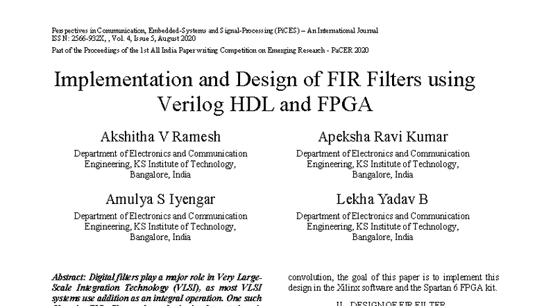 Design and Implementation of FIR Filters using Verilog HDL (PiCES ...