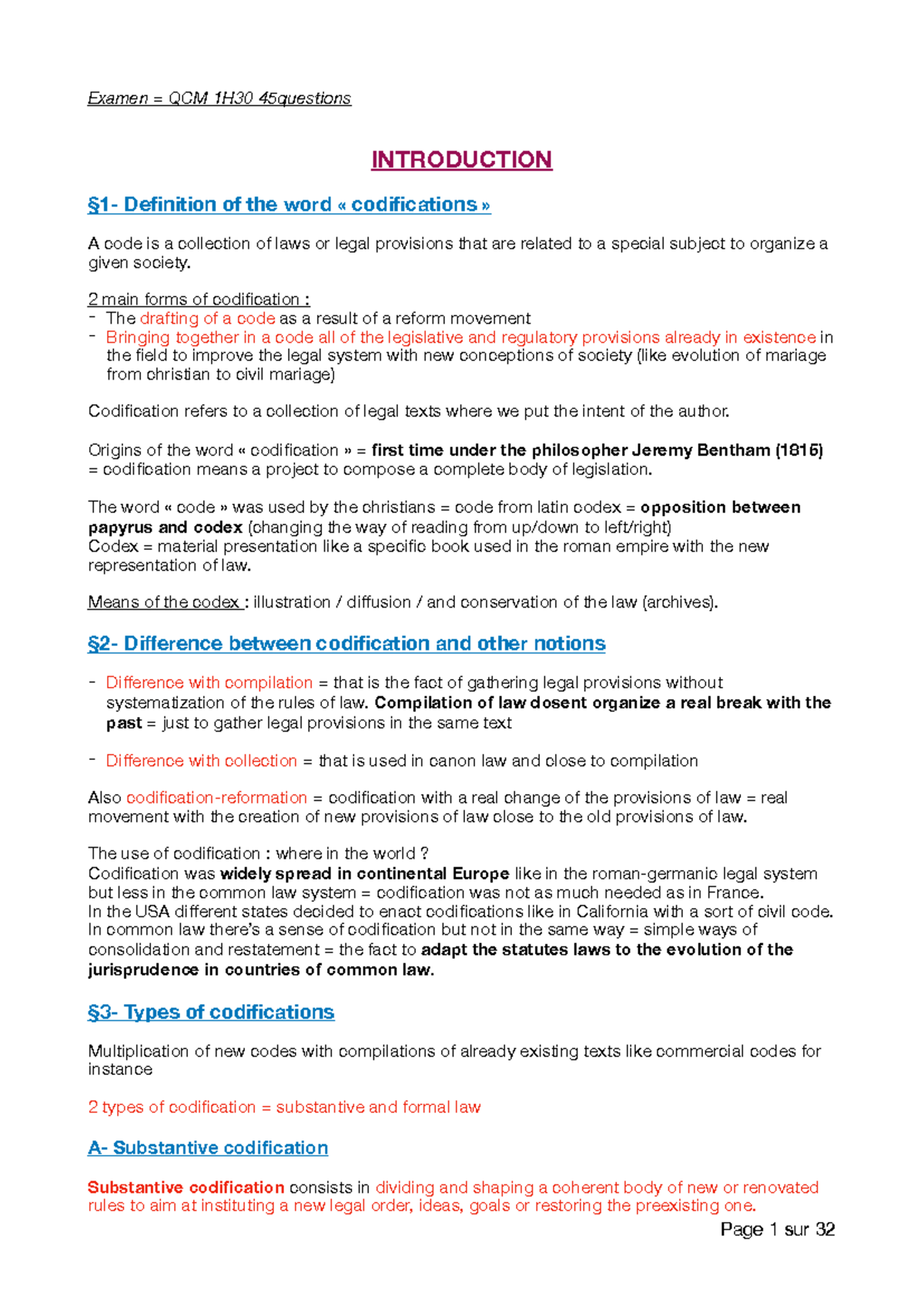 History of codification - Examen = QCM 1H30 45questions INTRODUCTION §1 ...