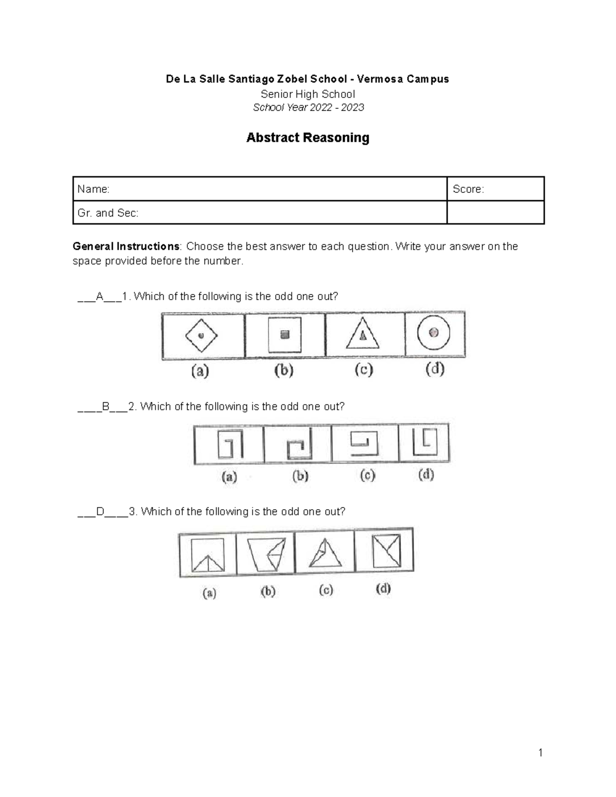Abstract Reasoning Answer Key - Day 1 (SY 2022-2023) - Studocu