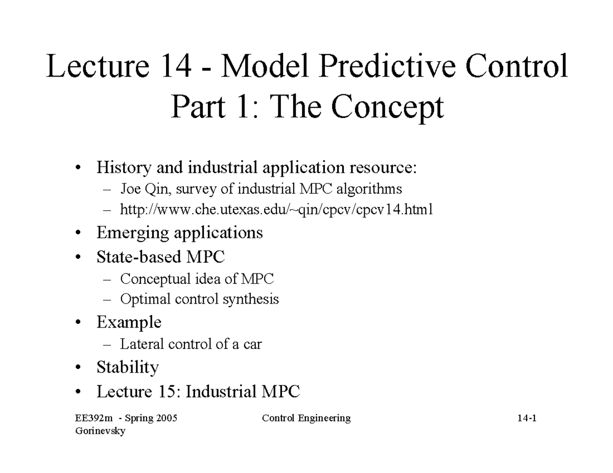 Lecture 14 - Model Predictive Control (EE392m) - Part 1 Overview - Studocu