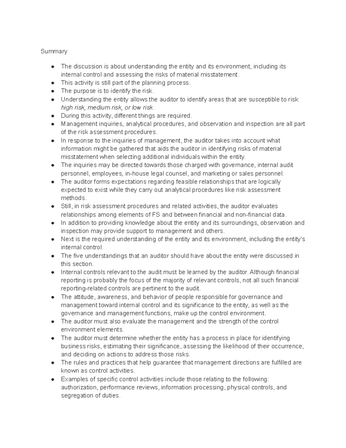 Understanding the Entity & Its Environment: Audit Risk Assessment ...