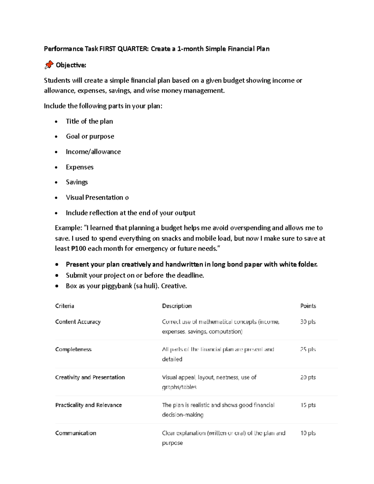 Performance Task: Simple Financial Plan for G7 First Term - Studocu